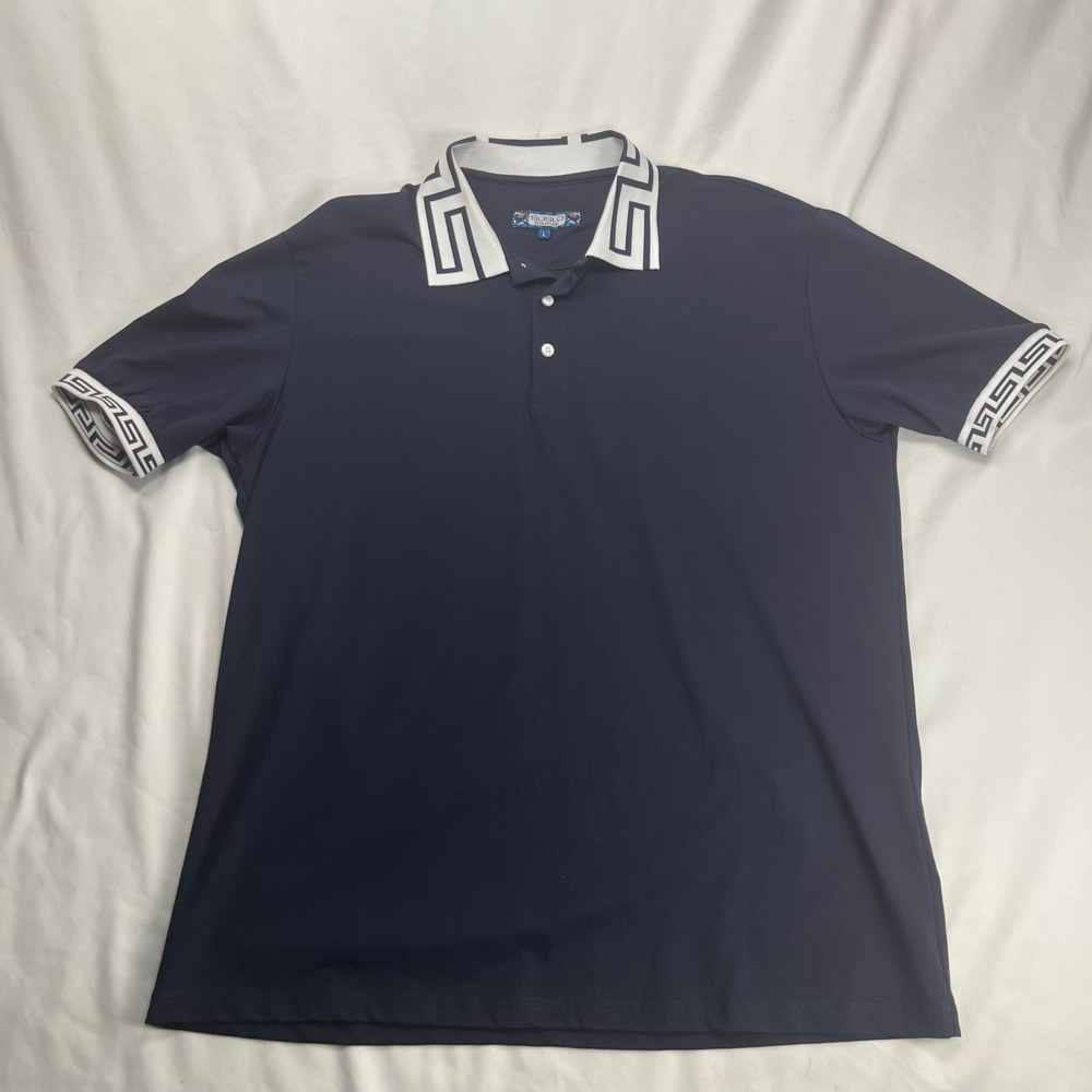 Suslo Couture Polo‎ Shirt Navy Blue Greek Key Collar Trim Stretch Pique L